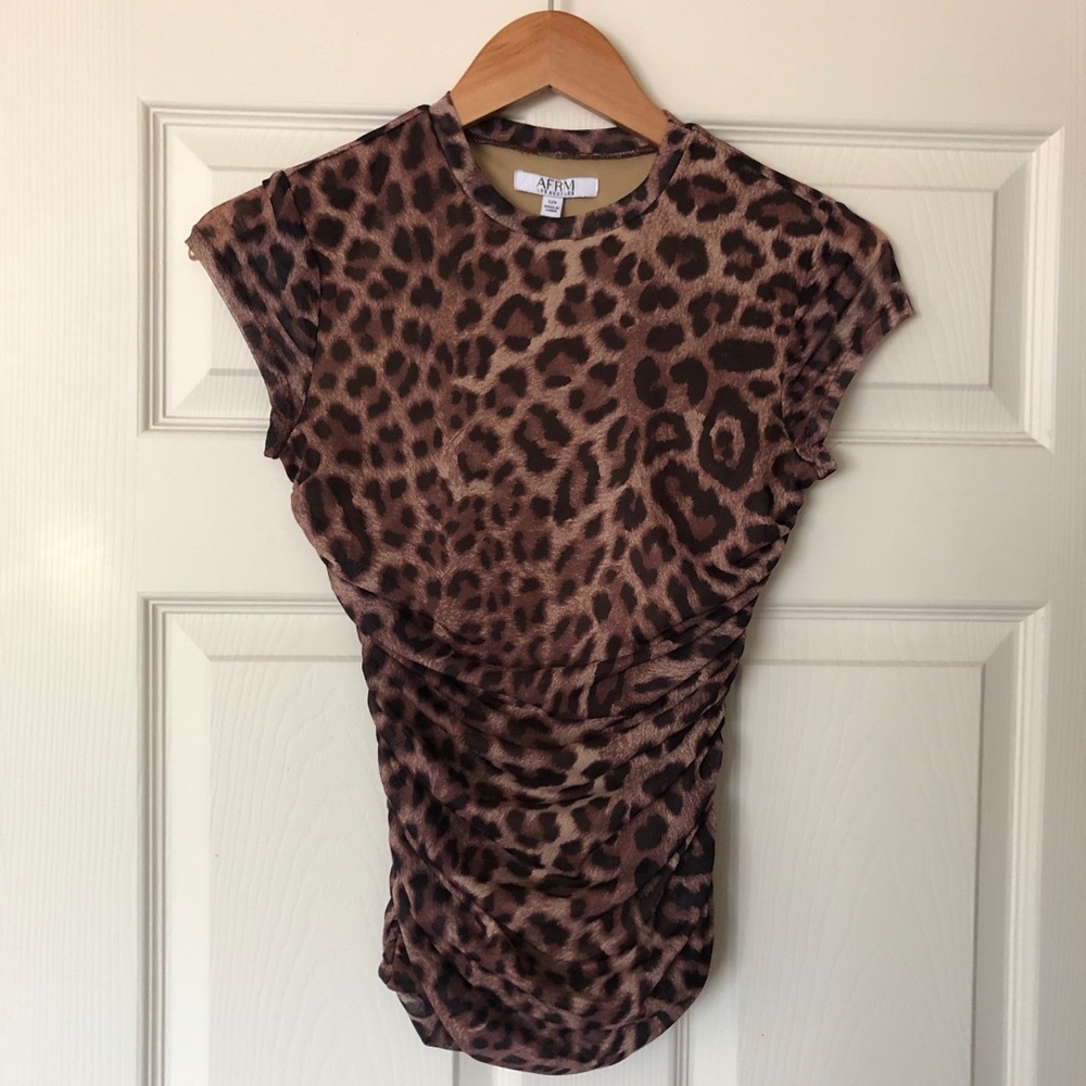 AFRM Women's Brown Leopard Print Ruched Tee NWT Size small